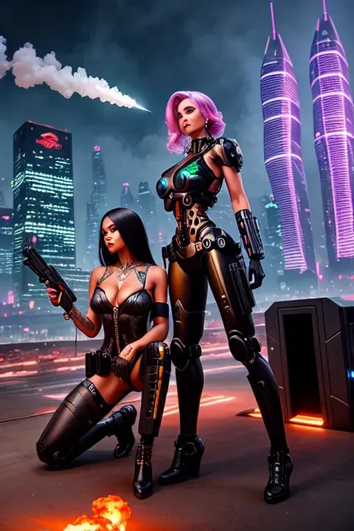 a beautiful cyborg woman standing over a dead cyborg woman holding a pistol that is smoking with a futuristic city in the background