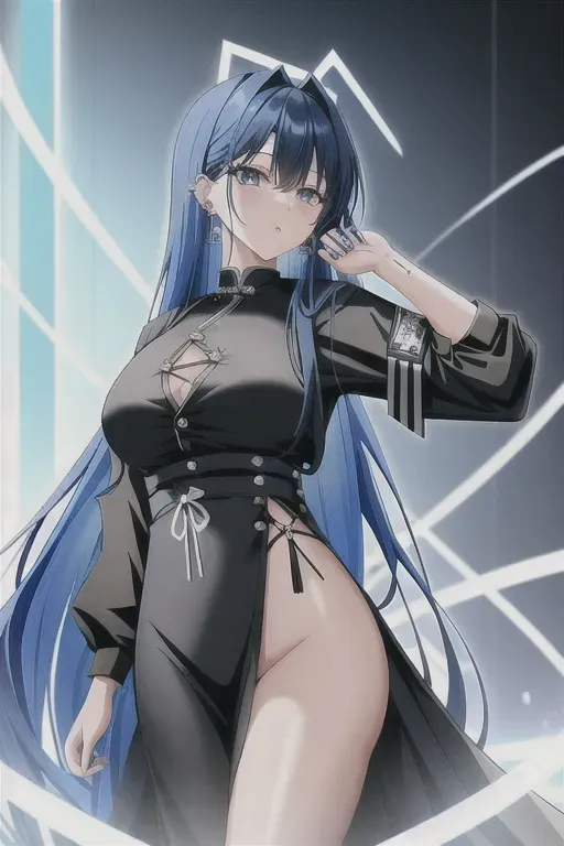 a woman with blue hair, piercings posing for a picture, clean anime art, black and blue long hair, inspired by Wang Wu, long sleeves, wearing cross on robe, front page of art station, mesh shirt, she has blue eyes, very long bangs, Chinese girl, she is wearing streetwear, 19-year-old girl,
