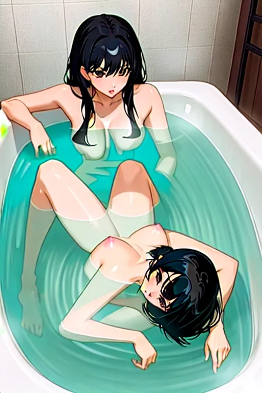 Dynamic poses of completely naked ((Blackhaired CarolinaM)) and ((Blackhaired SaraOH)) having hot lesbian sex with each other in a bath tub