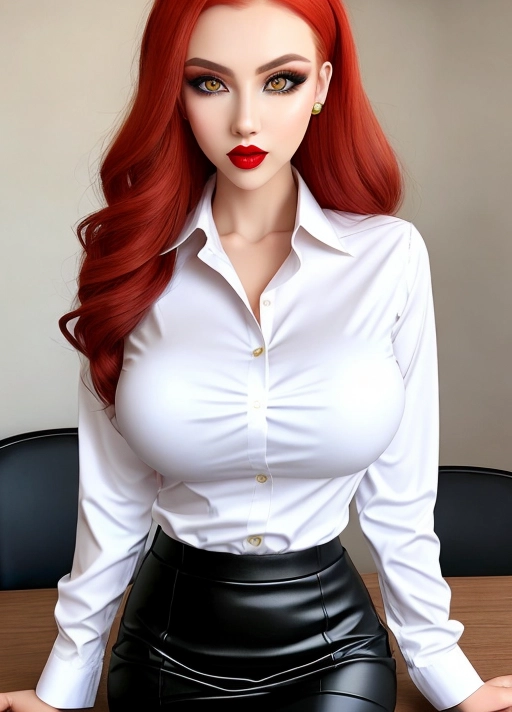 Gorgeous eastern European woman, simple grunge makeup, light colored eyes, big wide doe eyes, red hair, big lips, thin slender body, unrealistically huge enormous perky boobs, secretary outfit, button-down white shirt, black pencil skirt, photorealistic, best quality, ultra high resolution