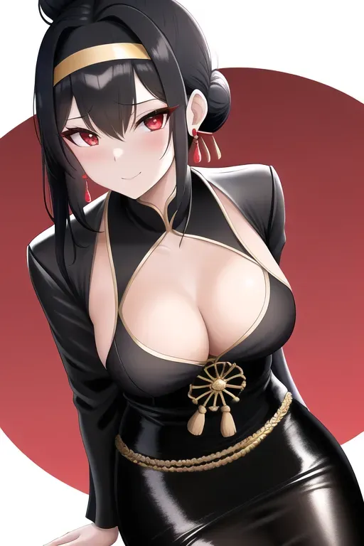 Yor Forger from Spy family, sexy Japanese dress, medium black hair in a bun, gold headband, red eyes, ((medium breasts)), ((pubic hair))