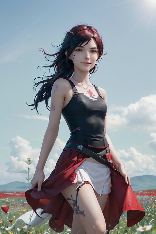 (((realistic photo))) of Ruby Rose from RWBY, small frame, cute smile, beautiful detailed cute face, rose tattoos,
in a summer dress, walking through a field of wildflowers, the wind is lifting up her skirt to reveal her panties
High quality, absurdres