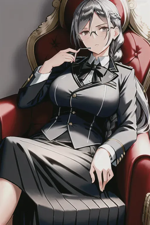 commander, side french braid hair, upright girl, dark silver hair, dark silver eyes, long hair, eye glasses, mature woman, female formal suit, long skirt, good lighting, sitting on luxury chair, beautiful background, 4k, serious eyes, serious face, mole on face