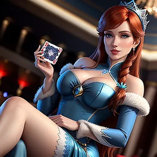 low angle shot, different clothing,
Anna in Las Vegas. playing cards in a casino.
innocent sweet, Anna of Arendelle 37 years old, Nordic, dressed in green attire, large natural round blue eyes, long auburn hair, sweet face, warm smile, soft curved eyebrows, smaller modest breasts. cards fanned in her hand.
Elsa of Arendelle 40, slightly taller than Anna. dressed in elegant blue clothing.
five fingers per hand, ultra realistic, unreal engine, reduced saturation, adult