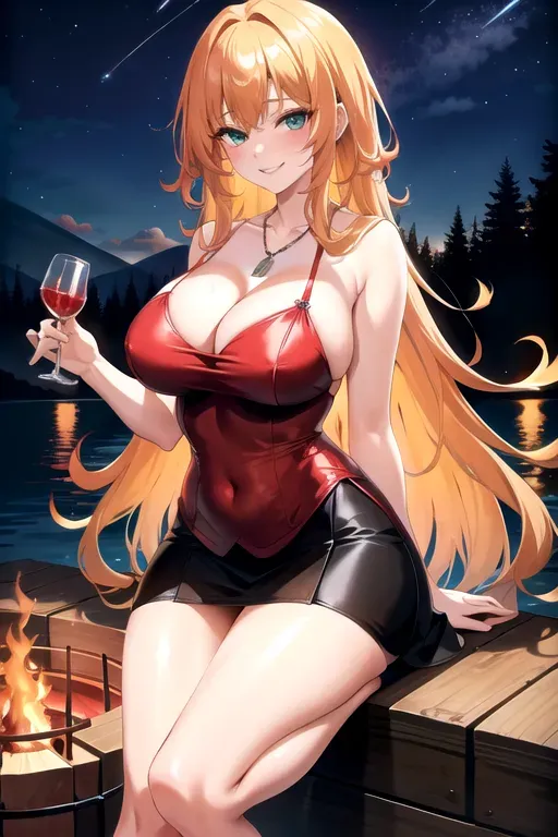full body, strawberry blonde hair, green eyes, short girl, black high heels, looking at viewer, long hair, pale skin, silver necklace, 24 years old, giant breasts, cute face, pov, wavy hair, wide eyes, erotic, skirt tug, nighttime, slim body, sitting by lake, smiling, cleavage, 44F breasts, standing by campfire, red minidress, serving drinks, red miniskirt