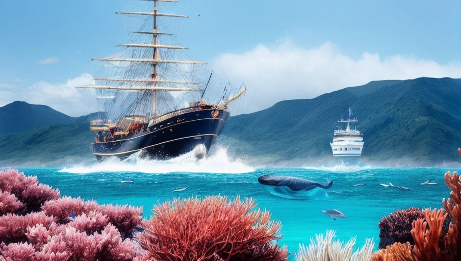 surreal scene, a massive whale is depicted with an ecosystem on its back. The whales back has a variety of marine life like coral and vegetation growing on it, vivid miniature underwater world, Above the water an old-fashioned three-masted ship sails, The waters surface is clear, perfect view of the whale and its ecosystem beneath, dramatic lighting and vibrant colors, fantastical, dreamlike quality, <lora:MJ52:0.4>, <lora:add-detail-xl:1>, <lora:SDXLFaeTastic2400:0.2>