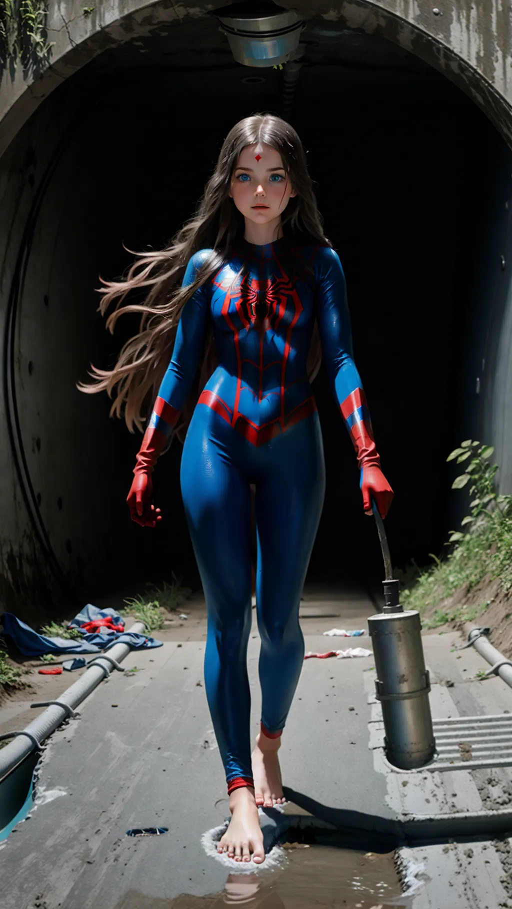 full-body image of a gorgeous barefoot girl with long hair and blue eyes wearing Spiderman outfit and gloves while walking inside a sewer pipe full of raw sewage, barefoot, exposed face, exposed head, bare feet, metal toe cuffs, ankles restrained,