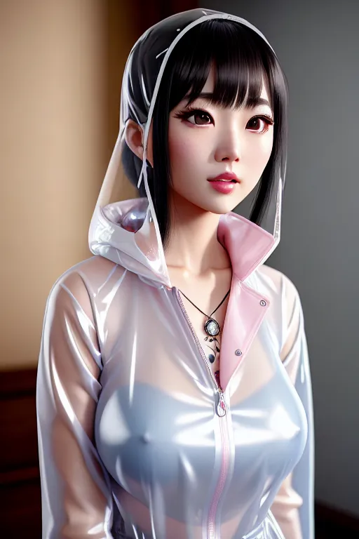 a photo shot of,yuzuki eba,wearing transparent raincoat,standing,in a tea party,small breasts,five slender fingers,bangs hairstyle,charming face,beautiful lips,detailed large eyes,curved eyebrows,curved eyelid,smooth skin,joyful,tattoo,professional,unreal engine,artstation,surreal,editorial