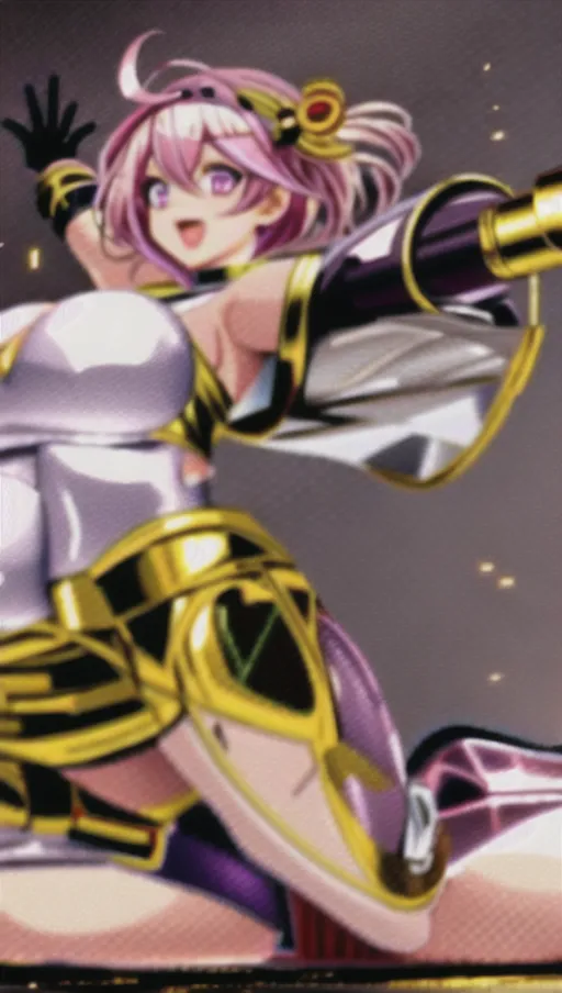Short blonde hair, multi coloured metallic yoga pants ((anime)) large pink eyes, ((((extremely large breasts)))), deep cleavage