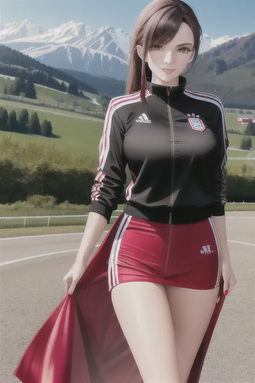 front photo in 4k of a beauty young woman, slight smiling, black and red sport outfit, bavarian landscape
