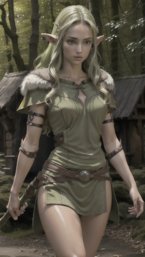 ((rpg fur armor)), ((skimpy)), ((tight clothes)), (small breasts), (adventurer), fantasy, dark brunette hair, ear piercing, ((((wood elf)))), (((extreme detail))), (very realistic lighting), ((night)), dark green eyes, Realistic lips, (((realistic anatomy))), woman, outside, (HDR), (((nature))), (druid class), ((64k)), (High detail), (hyper realistic), ((wielding wooden staff)), (UHD), (((slight light green tint to skin))), ((nature magic))
