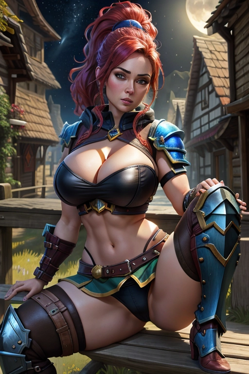 Sexy short tiny female gnome from World of Warcraft, porn face, huge silicone breasts, massive fake boobs, black short skirt, black outfit, black armor, cleavage, arching her back, fit and slim body, thin waist, muscular, in a fantasy town, dark outside, moonlight, sitting on a bench, legs apart, spreading her legs, white soaked panties, looking at wiever