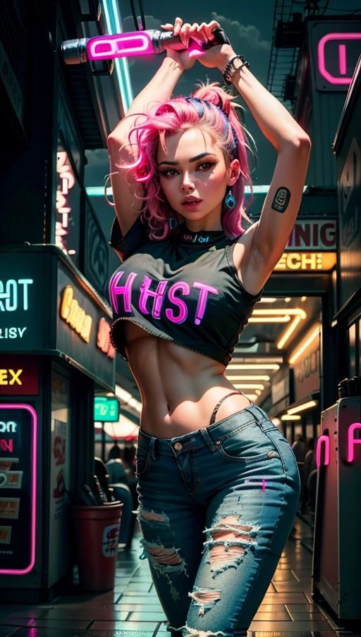 A digital photograph of, professional photograph, 1 hot woman (18) (wearing (a short crop top) and (slim Denim trousers)) is holding a hammer over her head ((in front of a high striker)) in a funfair by night, (((<lora:dpmg_upshirt:1.4>))), beautiful face, beautiful grey eyes, beautiful lips, highly detailed, (((funfair neon lights:1.4))), (motivated lighting), cinematic composition, 32k, vivid colours, bokeh, (highest quality:1.8), highest resolution, (photorealist:1.72), (photorealism:1.72), (masterpiece:1.18), --s 750 --v 5.2