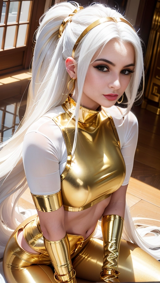 best quality, (((ultra high res))), (((detailed face and eyes))), (perfect face), big shining heart choker, earrings, jewelry, ((long voluminous hair)), (((golden gloves))), ((((white hair)))), ((single ponytail)), ((((straight hair)))), (((golden bracelet))), (((huge golden hair cuff))), (((skintight golden crop top))), (lipstick), ((((neckholder)))), (((skintight))), ((old mansion)), ((((her very long hair is going down to the floor)))), ((((face closeup)))), (Kylie Jenner), (((golden clothes))), ((golden sleeves)), (((from below)))