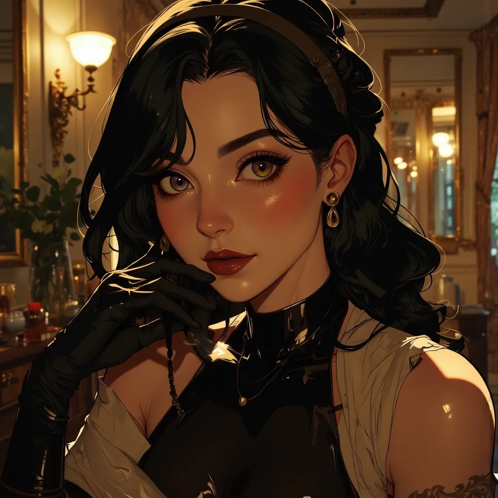 Anime style. 1boy, Serena, SerenaRH, very long straight black hair, brown eyes, gorgeous lips, dark lips, medium perky breasts, perfect body, large hips, fit body, thick thighs, 1g0r, Dutch angle, earrings, elegant, makeup, fancy party room, indoor, golden details, dramatic light, face closeup, parted lips, makeup, abs, solo, parted lips, shiny skin, sweat, brown hair, toned, brown eyes, big breasts, braid, muscular male, black hair, long hair, looking at viewer, indoors, easynegative, FMAB_Envy, 1boy, solo, long hair, black hair, purple eyes, slit pupils, headband, crop top, bare shoulders, midriff, gloves, fingerless gloves, skirt, side slit, bike shorts under skirt, bike shorts, toeless legwear, leg tattoo, 1femboy, on knees