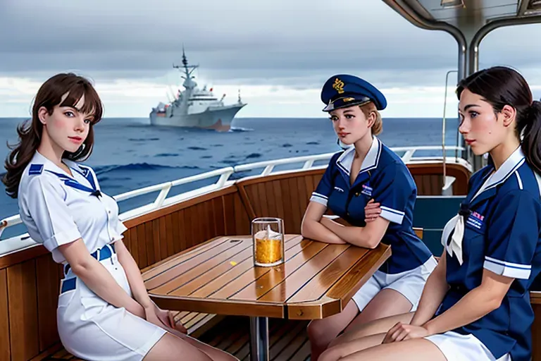 Three sailors including one woman all early twenties and all young and good looking are on the deck of a large destroyer ship, they are all wearing standard blue uniforms, there is a fire on the deck and they are all looking out at the ocean from the deck, they are on the ocean and it is a gray and rainy day, realistic photograph, natural outdoor lighting