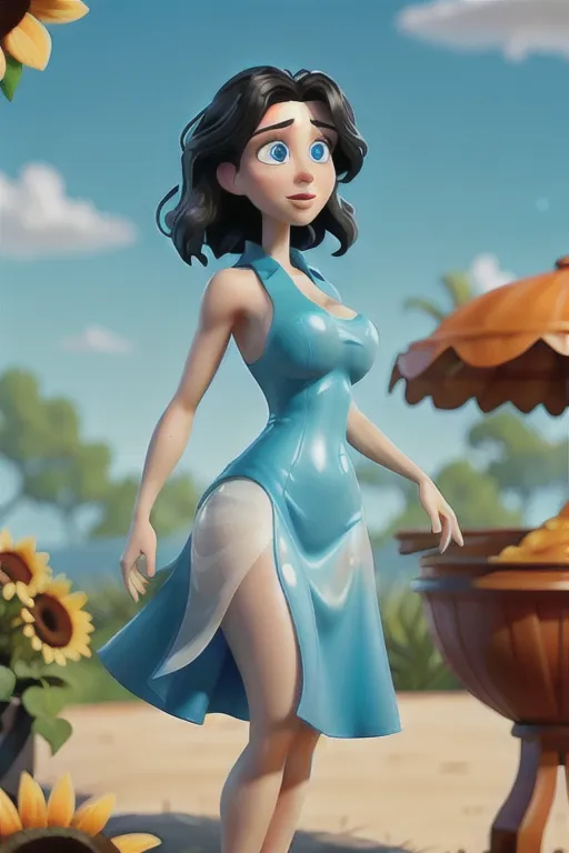 A 8k resolution, eye-level, portrait of a 24 year old white woman with shoulder-length, jet black hair, pale white skin, and electric blue eyes. She looks at us (the viewer) with her mouth slightly open, looking shocked. She is wearing 2 separate pieces of clothing. Her top is an extremely low-cut, tube-top, which is bright blue and shows the tops of her breasts. She also wears a very short, pleated skirt. The skirt is yellow. She stands with her arms raised behind her head. She is at a charcoal barbecue next to a swimming pool. Her skin is wet and shiny. Her hair is wet. Her tube top is soaking wet and see-through, translucent. Water drips off her face and breasts. She is not wearing a bra and has large pink nipples which are visibly erect. She has small perky breasts. Her clothing is soaking wet and clings to her body. Her skirt has a sunflower print on the fabric. There are NO sunflowers except on the dress. The sky is very blue with bright noon day lighting, casting hard shadows
