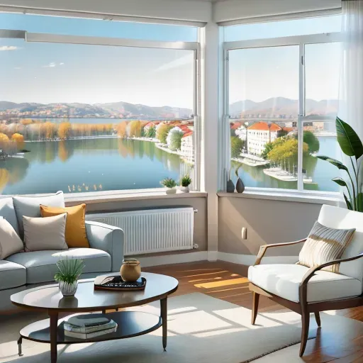 Lake view from living room, contemporary, white walls, bay windows