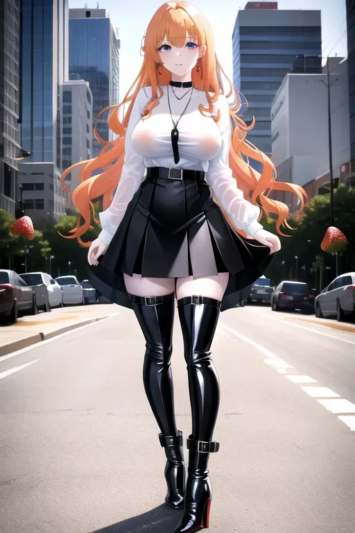 full body, strawberry blonde hair, hazel eyes, short girl, black miniskirt, black high heel boots, looking at viewer, long hair, pale skin, black necklace, white shirt, 24 years old, giant breasts, cute face, pov, wavy hair, city environment, Oklahoma City, wide eyes, erotic, skirt tug