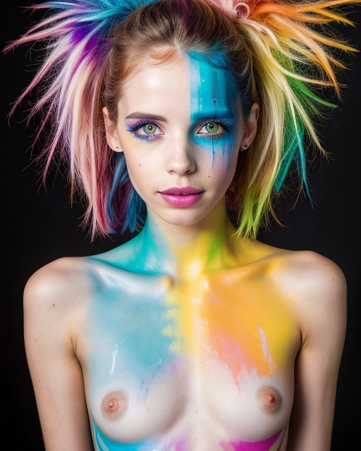 (skinny naked punk Felicity Jones:1.11),
(vivid rainbow makeup, vivid rainbow dynamic facepaint, vivid eyeshadows:1.3),
(accurate face, photorealistic face,perfect face,detailed face:1.27),
seductive smile,
(face close up:1.25),
uncensored,
HDR, UHD, 64K,
Highly detailed,
Vivid Colors,
Studio lighting,
Professional,
Unreal engine,