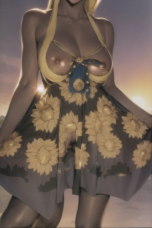 90s anime art style, elven sorceress, long black hair, dark skin, 1girl, ponytail, medium breasts, looking at viewer, sun dress, pubic hair, happy, solo, thick thighs, gold jewelry, nipples, stockings, ((masterpiece)) mountain background,
