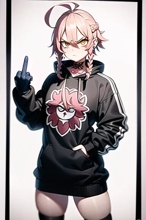 delinquent street punk holding up the middle finger, looking at viewer, nude, 1girl, braid, (huge ahoge:1.3), angry, closed mouth, frown, standing, piercings, jewelry, tattoos, finely detailed background, amazingly intricate background, incredibly absurdres, best quality, <lora:dpmg_middle_finger:1>