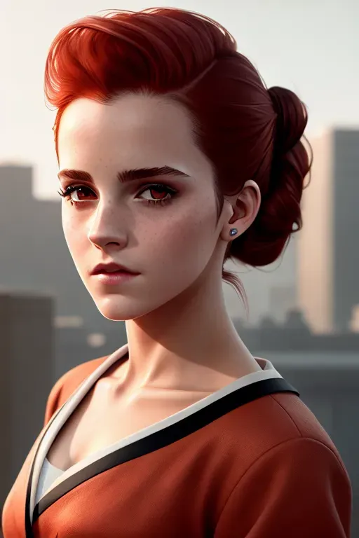 a digital painting of,emma watson,wearing ripped japanese high school uniform,standing,in a dystopian future,five fingers per hand,updo red hair,beautiful face,beautiful lips,curved eyebrows,pale skin,peaceful,studio lighting,ultra realistic,cinematic lighting,artstation,bokeh