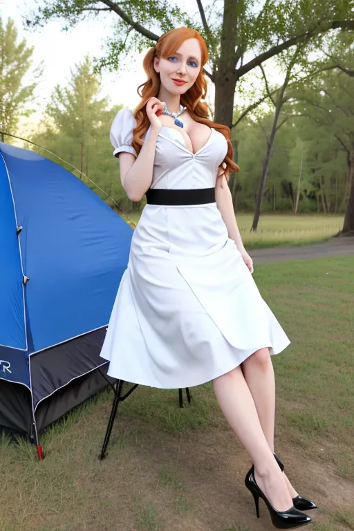 full body, strawberry blonde hair, blue eyes, short girl, black high heels, looking at viewer, long hair, pale skin, silver necklace, 24 years old, giant breasts, cute face, pov, wavy hair, wide eyes, erotic, skirt tug, nighttime, slim body, sitting by lake, smiling, cleavage, 44F breasts, standing by campfire, maid uniform, serving drinks, low pigtails