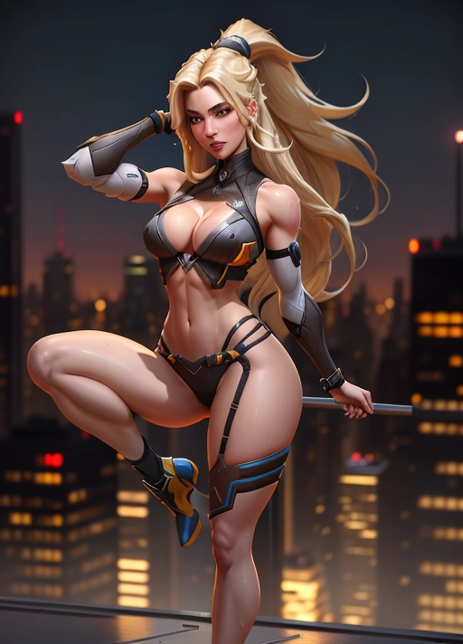 beautiful young Overwatch character, long straight blonde hair, wearing revealing outfit, standing on a rooftop, NYC skyline, nighttime, midriff, cleavage, wet skin, horny expression, full body, power stance, leg spread out