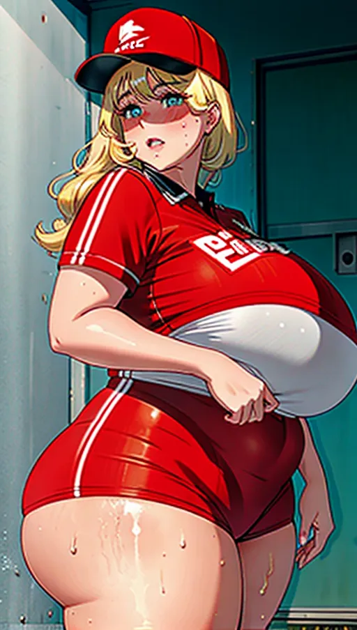 a photograph of, an ssbbw woman, big belly, fat face, huge boobs, huge fat thighs, thicc, giant fat ass, huge fat butt, huge wide hips, five fingers per hand, blonde hair, red pizza delivery uniform, red baseball hat, fully clothed, curved eyebrows, sharp focus, editorial, detailed, artstation, greasy, sweaty, dripping sweat