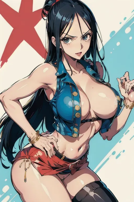 nico robin from one piece, cum slut, nice breasts with nipples, seducing you, (outfit), slut face, intricate, masterpiece, dynamic, colour