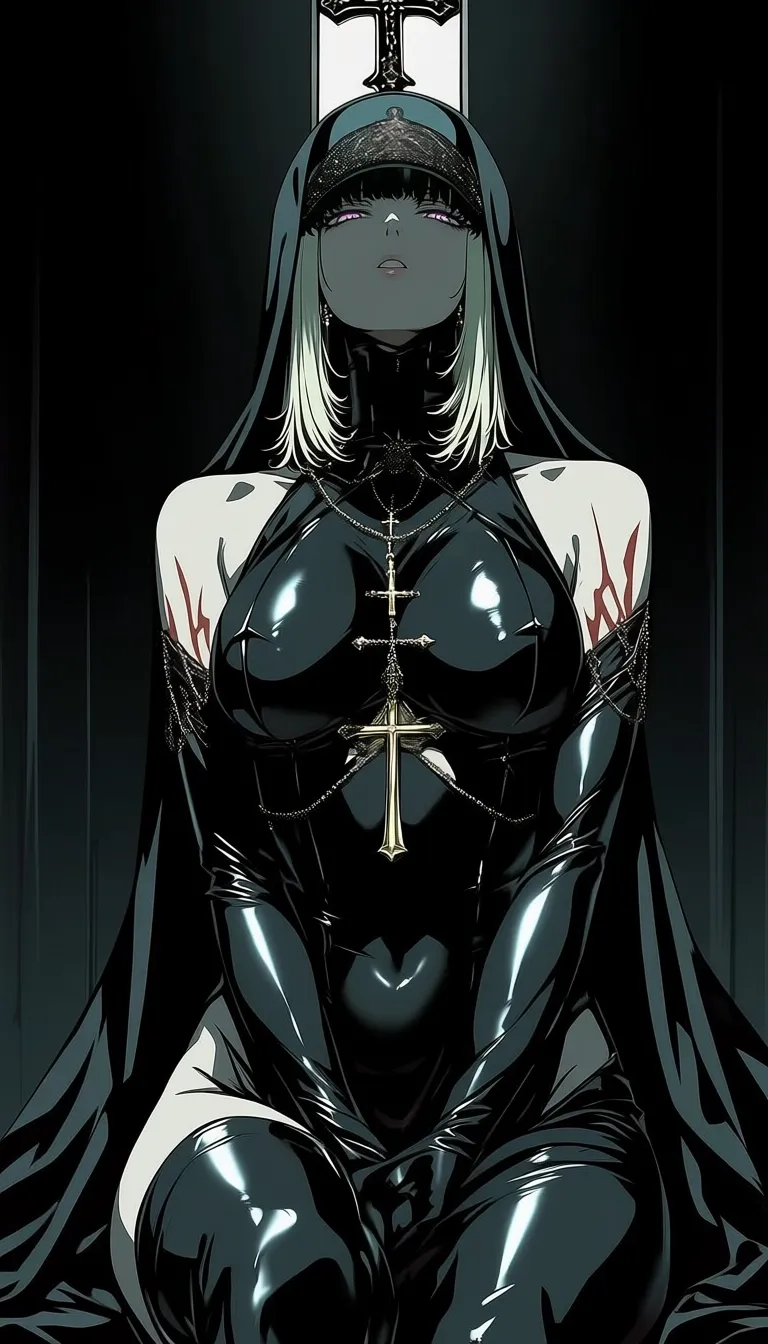 dark_art_style, 1girl, solo, alone, nun, cross necklace, masterpiece, highres