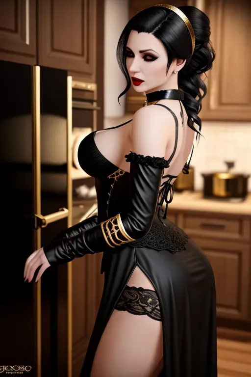 a milf, in gothic clothes, in the kitchen, big ass, thin five fingers, ponytail, beautiful face, beautiful lips, black eyes, curved eyebrows, pale skin, romantic, with gold ring, bokeh, cgsociety, ultra realistic, unreal engine, professional