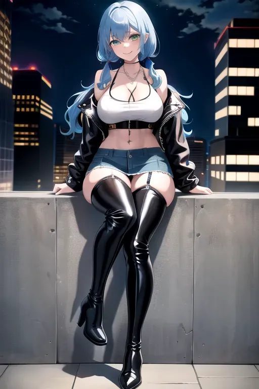 full body, blue hair, green eyes, short girl, denim miniskirt, black high heeled boots, looking at viewer, long hair, pale skin, silver necklace, black crop top, 24 years old, giant breasts, cute face, pov, wavy hair, city environment, Oklahoma City, wide eyes, erotic, skirt tug, leather jacket, nighttime, black backpack, slim body, low pigtails, sitting on wall, smiling, thigh high boots, cleavage