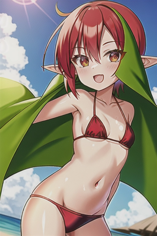 Red head goblin girl, green skin, pointy ears, cute, bikini
