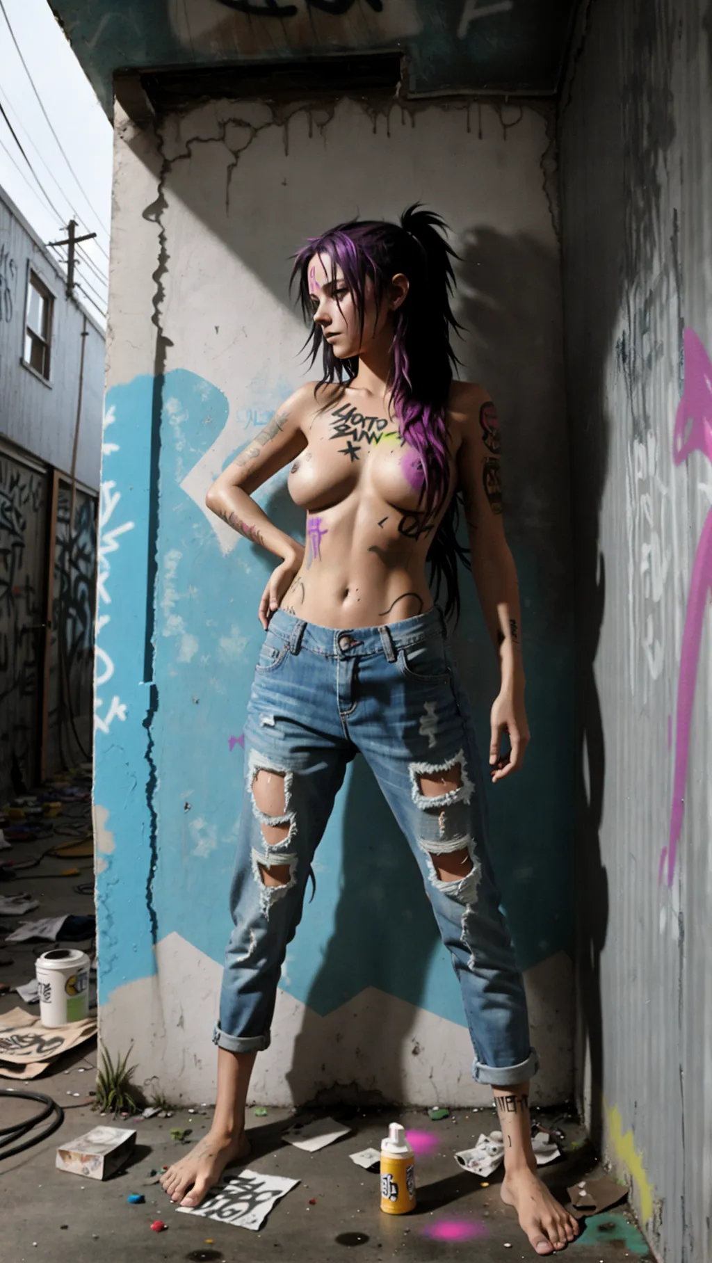 full-body image of a fit toned hot topless barefoot punk girl with long hair wearing baggy jeans while crouching inside a condemned building with graffiti paint on her breasts and spray paint on her feet, facing away from viewer, sexy feet, barefoot, spray paint on feet,