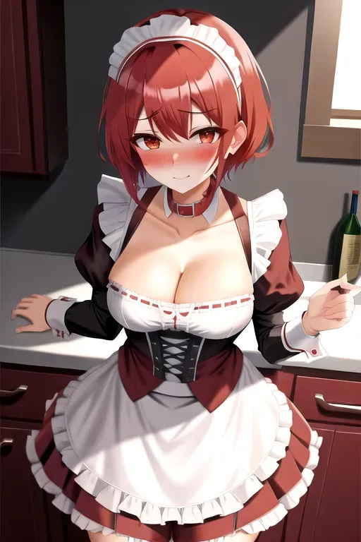 tomboy, blushing, maid outfit, (short skirt), red hair, begging, groveling, collar, cleavage, frilly, headband, kitchen