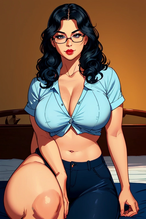 1970s, Beautiful, sexy, 70s FBI detective, Latina, long black hair, 70s hair style, pink head band, round glasses, dark eybrows, blue eyes, concave nose, high cheekbone, soft cheeks, full lush red lips, cute narrow chin, soft and curvy build, small perky breasts, thin waist, thicc ass, full thighs, smooth legs, cute feet, blue scruffled unbuttoned casual shirt, tight pleated navy blue slacks, thicc hips, laying down on the bed, inviting me to impregnate her, in the bedroom, dim lighting in the room, FBI badge on the nightstand, ((high definition)), ((4k quality)), ((excellent lighting)), ((great shading)), ((pristine detail)), ((really clear picture)), ((beautiful vibrant colors)), ((accurate at lower prompt guidence)), ((ultra realistic)), (((five fingers per hand))), (((two arms per person))), (((two legs per person))), (((two hands per person))), (((two feet per person))), ((((100 percent according to prompt))))