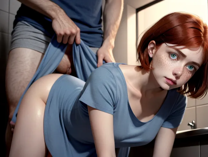 8k, hyper realistic, photo quality, natural redhead short haired woman, she is short, petite and thin, she has very pale skin, they are in a small dark dirty bathroom, she is getting fucked by a big cock, she has a round face, she has European features, she has a small button nose, she has sexy little lips, she has hazel eyes, <lora:dpmg_fucked_from_behind:1> she has flawless white skin, she is wearing a loose blue dress, one girl, one man, man is fucking her, man has pants off, man is a dark skinned Italian, woman has small little tiny breasts and nipples, she has flushed cheeks and neck, dark lighting, man has large thick penis, girl is intoxicated, high camera angle, rounder face, light freckles, she green eyes, she is cumming, low dim lighting, man is wearing a gray t-shirt, rough sex, hard fucking, perfect anatomy, blue dress, she is wearing blue clothes
