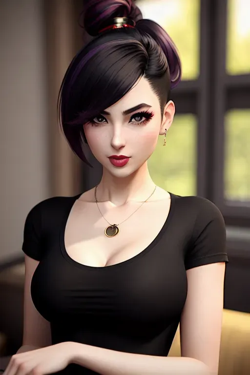 Asian girl blastered european,doing sexy pose,wearing a v-neck t-shirt, in a tea party,big breasts,five slender fingers,undercut hair,gorgeous face,beautiful lips, black eyes,curved eyebrows,curved eyelid,pale skin,cosy,wearing necklace,professional,8k,unreal engine,cgsociety
