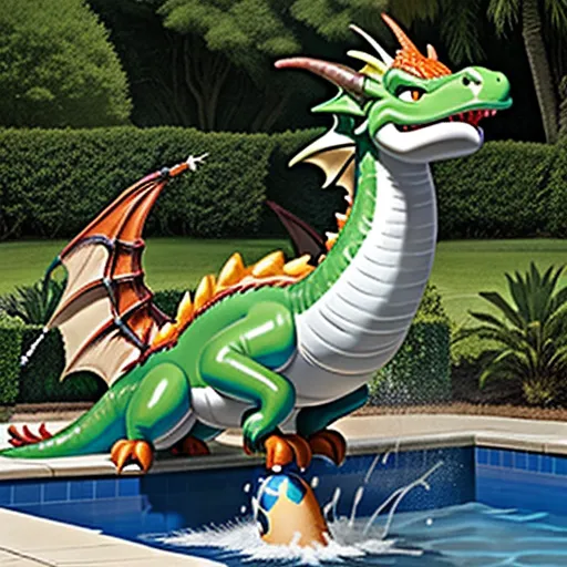 Sentient inflatable feral dragon with giant cock swimming in a pool, shooting Gallons of cum.