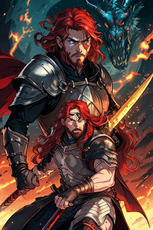 High fantasy, Berserk, a strong, warrior human, Guts, wavy red hair, pale skin, angry eyebrows, handsome blue eyes, small nose, strong cheeks, full beard, strong chin, animal skin coat, black leather armor, huge two-handed greatsword, going into battle, battle field, war in the background, castle and dragon in the far background, high definition, 4k quality, excellent lighting, great shading, pristine detail, very clear picture, vibrant colors, accurate at lower promp guidence, ultra realistic, five fingers per hand.