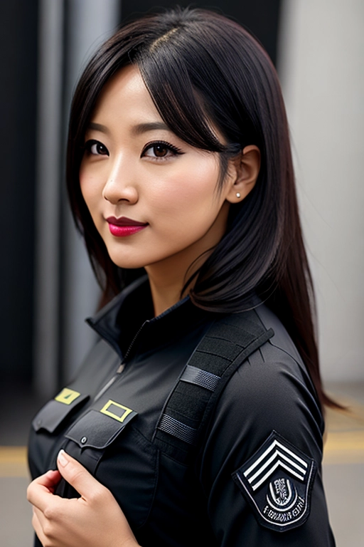 realistic_photo, photorealism, goddess, japanese, black_hair, dark_brown_eyes, medium_breasts, lipstick, eyeliner, (((tactical_black_clothes))), tactical_top, tactical_pullover, realistic, solo_focus, licentious smile, seductive poses, sfw, safe_for_work, small_breasts, thin, thin_body, ((bulletproof_west)), front_view, eye_contact