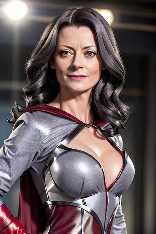 A high-quality erotic hyper-realistic photo of Michelle Gomez as super heroine, realistic, solo_focus, uncensored, (((accurate face))), big smile, blue eyes, (((entire body))), dpmg_face_cum_v1, flashing large tits, classroom, (((gray hair))), (((black streak in hair))), short hair, (((red costume))),