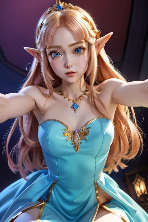 Princess Zelda, small breasts, long hair, blush, large eyes, pov, from below, long tight dress, <lora:dpmg_pov_from_below:1>, naughty face, upskirt, panties, extremely detailed face, highly detailed body, beutiful eyes,