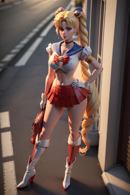 3d, detailed drawing, Sailor Moon, detailed face, blonde flowing twintails, red boots, blue skirt, low cut white blouse, exposed midriff, long toned legs, standing proudly, hands on hips, on a city street, view from eye level
