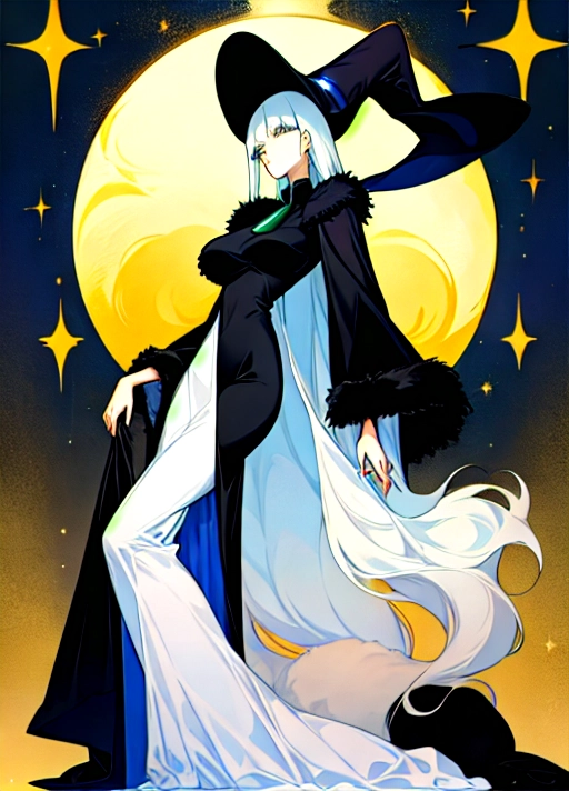 maetel from galaxy express 999, very tall slender elegant lady, long black gown, classy french fur poof hat