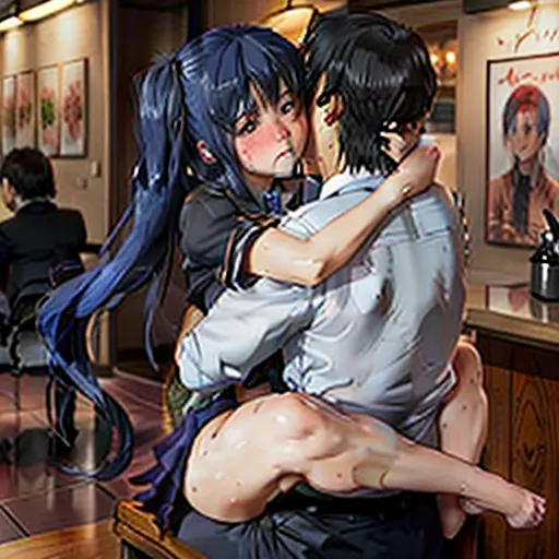 masterpiece, best quality, absurdres, 1girl, long hair, blue hair, side ponytail, office skirt, (1boy), sex, (hetero:1.2), looking at another, sitting, girl on top, (straddling, upright straddle), pussy juice, hug, leg lock, <lora:strading_leg_lock:0.7>, (blush:1.5), (sweat), steam, (closed mouth), restaurant counter,