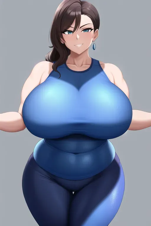 medium shot, 35 year old, a milf, thicc, gym outfit, blue, plain background, day time, spot light, happy, 8k, professional