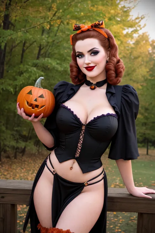 Full color, Halloween, gorgeous witch, cauldron, warm sexually welcoming smile, closeup, 1940s style pinup hairstyle and makeup, looking into the camera lens, deep plunge sweetheart style navel revealing neckline, cleavage, miniskirt, sexually aroused, Halloween decorations, sexually excited,